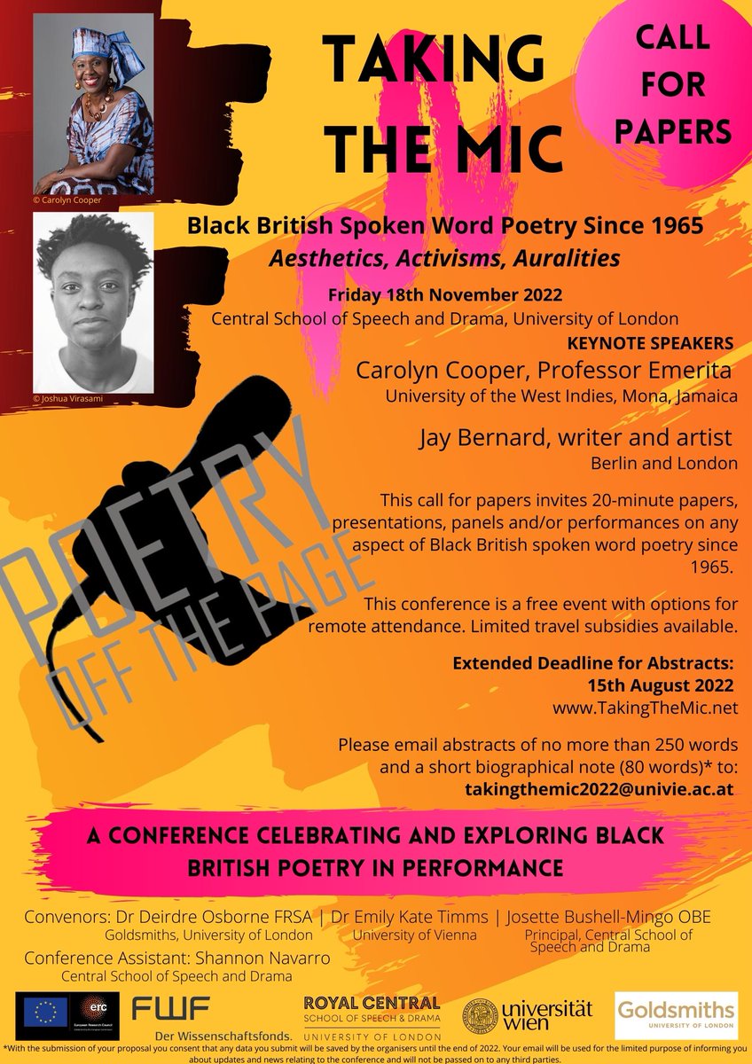Happy Friday everyone 🙌 You know what that means? 
You still have time to submit #abstracts to #TakingtheMic conference!
We are welcoming 20 minute presentations on ANY aspect of #BlackBritish Poetry in Performance
Deadline Monday 15th August
Email takingthemic2022@univie.ac.at