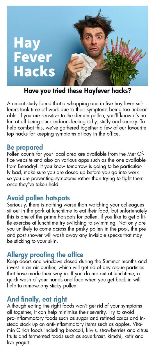 A recent study found that  one in five hay fever sufferers took time off work due to their symptoms being too unbearable. If you are sensitive to the demon pollen we’ve gathered together a few of our favourite top hacks for keeping symptoms at bay in the office. Read on: