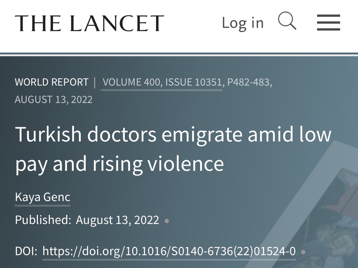 Dünyaca ünlü tıp bilim dergisi @TheLancet konu başlığı 🇹🇷Türkiye

Doktorlarımızın ekonomik ve şiddet nedeniyle Türkiye’den göçü konu alınmış.

Bu kadar yetenekli ve özverili doktorlarımızın, hemşirelerimizin talan edilmesi çok üzücü 🖤💔 
@kayagenc @KAYIHANPALA @ProfVedatBULUT