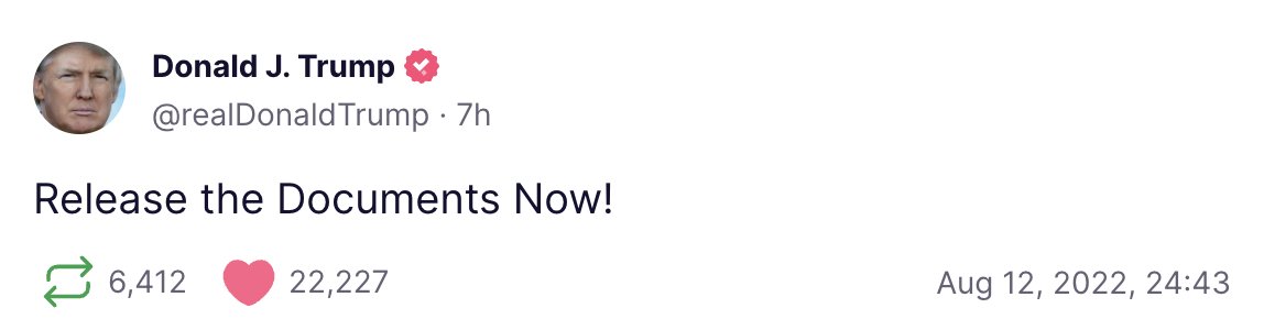 pbump's tweet image. ok, i mean, this is 🙄 for a few reasons, including that it's not that likely that DOJ would drop the warrant in the middle of the night but kudos for trying to make "release a document (i also could release)!!!" a thing.

but what's up w/ truth social's clock
