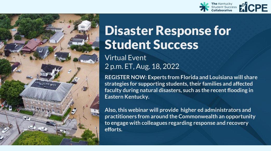 CPENews's tweet image. LIMITED TIME REGISTRATION: Register today to participate in this free webinar focused on strategies for supporting those who have been affected by the recent flooding in Eastern Kentucky: ow.ly/UHhT50KigEh
@KYCollaborative @GEARUPToday @cpepres @KCTCS @aikcu