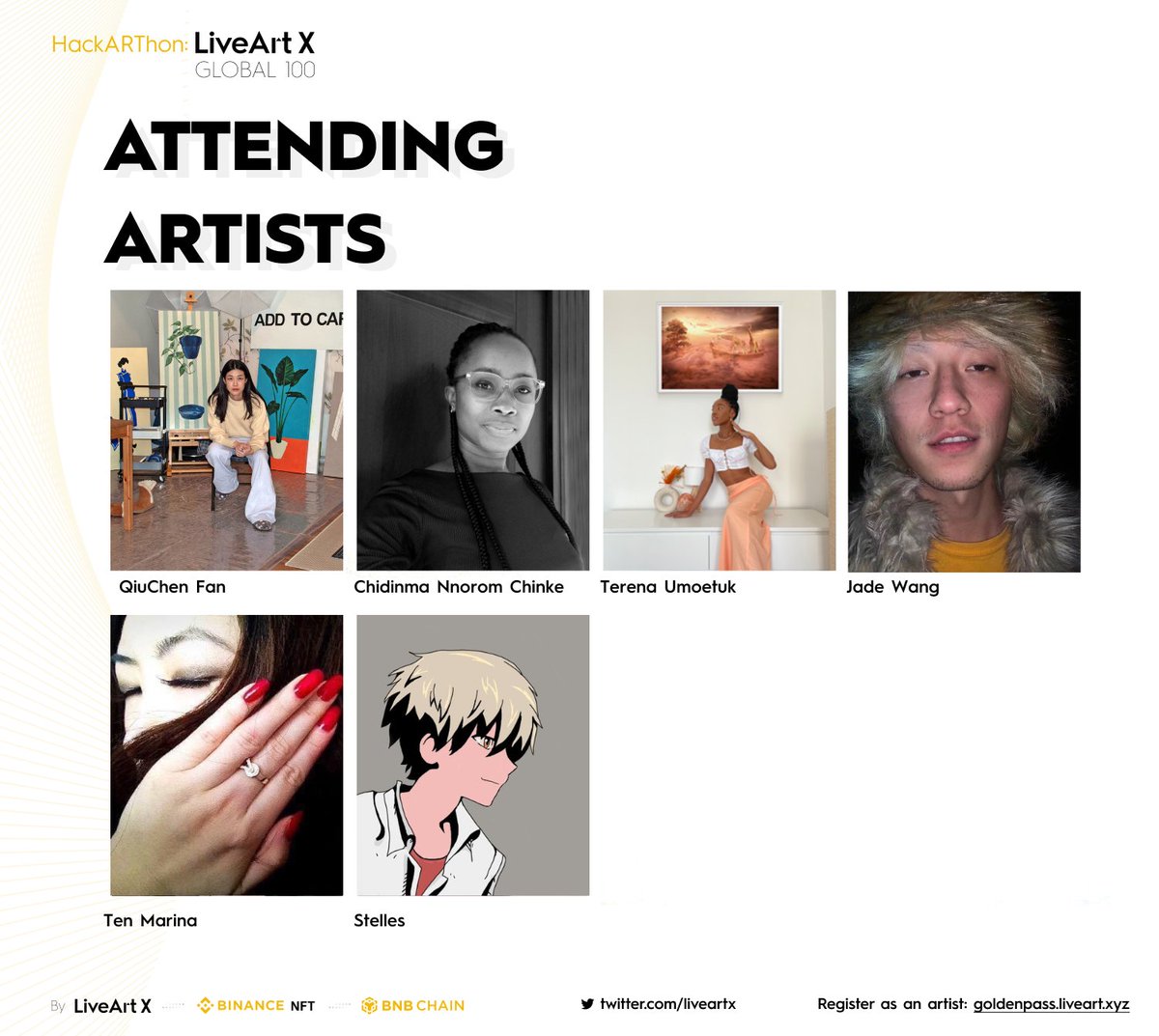 LiveArtX's tweet photo. 👏Welcome @QiuChenFan @chidigood @teessketchbook @b57701256 @iamarinaten and Stelles as  #LiveArtXGlobal100 artists!

✨Excited to reveal all the artworks minted on @BNBCHAIN &amp; now you can VOTE for them and 9x your $ART tokens: 
https://t.co/pAGXO7Miiq

#CreateOnBNBChain https://t.co/Z1V3rQoDr7