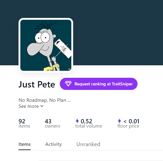 FreakyZooFriend's tweet photo. Just Pete is still here and waiting for some new friends. We have already 43 Owners, with a total volume of 0,52 ETH. Floor is round about 0.006 ETH, no gas fees at the moment. So get your own Pete today here 🌊 https://t.co/TJKPtqri7S
#NFTCommunity #NFTartists #JustPete #NFTDrop https://t.co/vbloeiSqXb