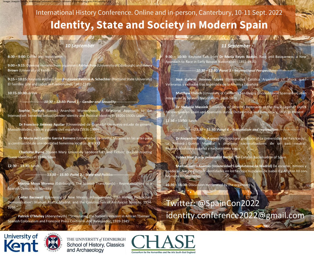 REGISTRATION NOW OPEN for the Identity, State and Society in Modern Spain Conference, to be held online and in-person in Canterbury, England, on the 10-11 September with the support of <a href="/HCAatEdinburgh/">HCAatEdinburgh</a>, <a href="/CHASE_DTP/">CHASE DTP</a> and <a href="/UniKentHistory/">School of History at the University of Kent</a>. Sign up here:

chase.ac.uk/events-1/inter…