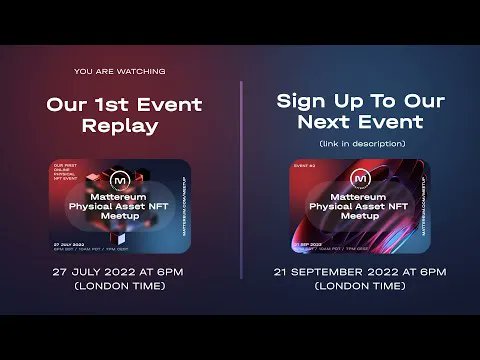 Announcement: Our next online meet-up is on 21 Sept at 6pm (London Time)

We will be chatting all things #rwanft, #phygital 

Book your free place, and watch this space: mattereum.com/meetup

Please watch the full video of our 1st meet-up here: buff.ly/3bQuBz2
