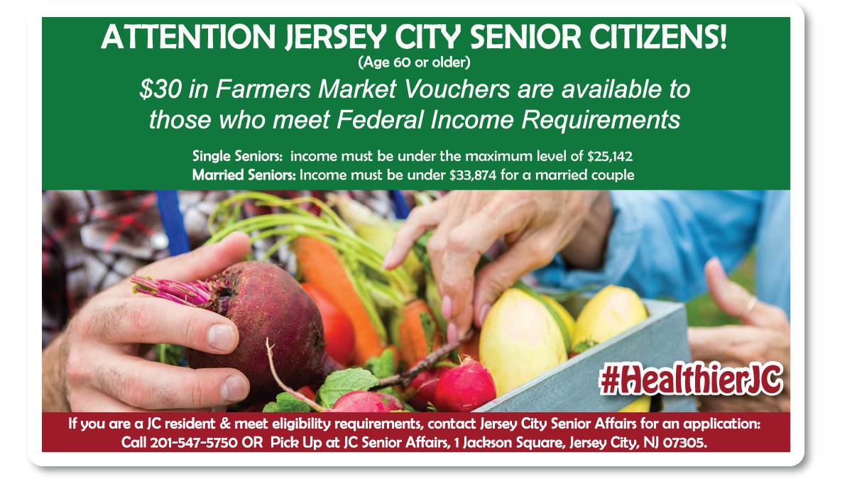 Attention Jersey City Senior Citizens, ages 60 or older. $30 in Farmers Market vouchers are available to those who meet Fed Income Requirements. See flyer for more info. If you meet eligibility, call Senior Affairs for application (201) 547-5750 #HealthierJC <a href="/JerseyCity/">City of Jersey City</a> <a href="/JCFPL_NJ/">Jersey City Free Public Library</a>