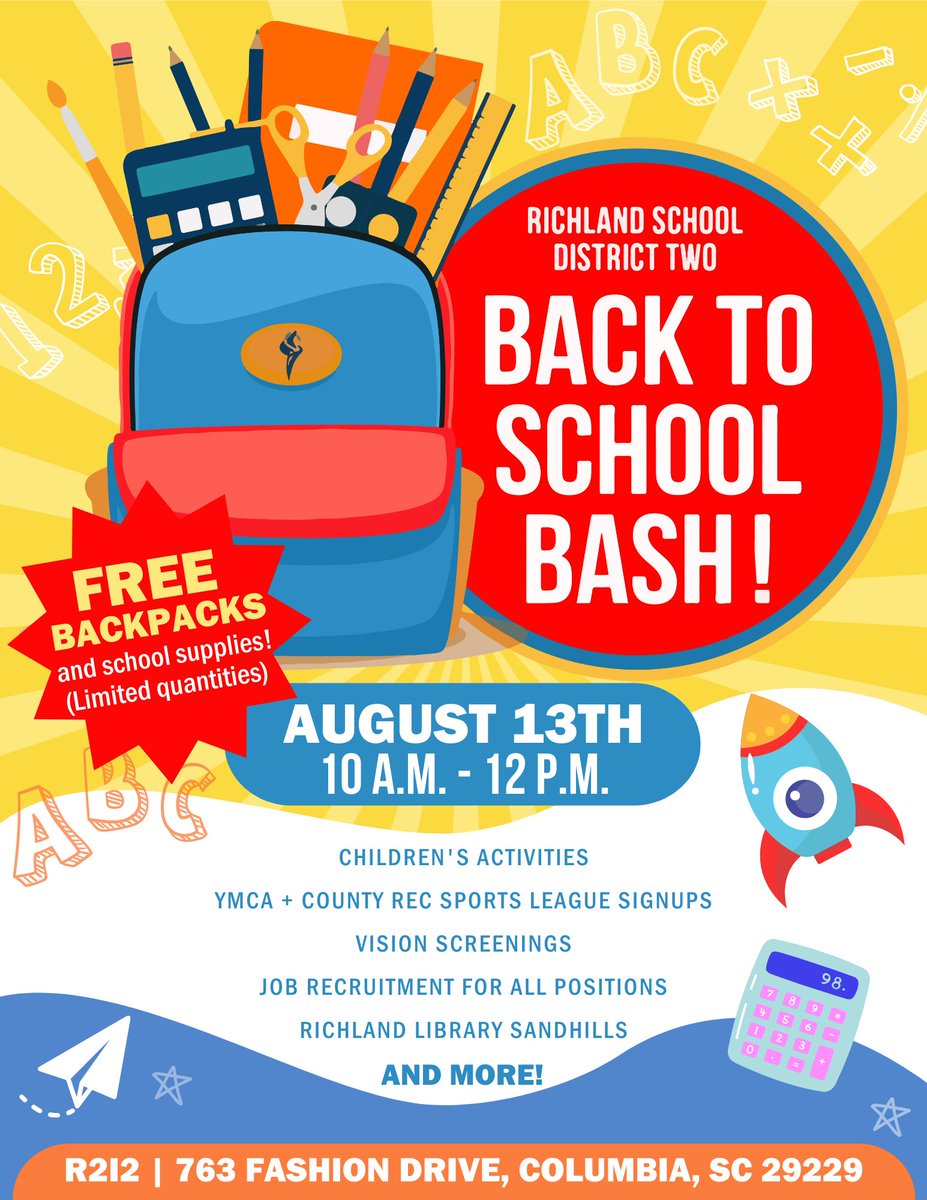 RichlandTwo's tweet photo. 📅HAPPENING TOMORROW: BACK TO SCHOOL BASH - FROM 10AM-12PM! Held at R2i2, 763 Fashion Drive, Columbia, SC 29229

🎈Activities for children
🏀Sports League Signups
💰Job Recruitment
📚FREE Backpacks and school supplies (limited qty)

#PremierStartsHere https://t.co/OQvJuQsVXZ