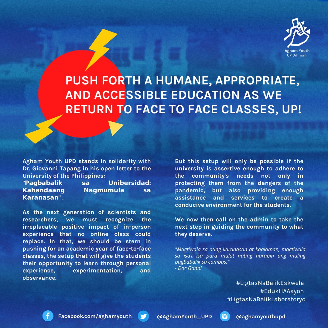 Agham Youth UPD Stands in Solidarity with Dr. Giovanni Tapang in His Open Letter to the University of the Philippines: "𝗣𝗮𝗴𝗯𝗮𝗯𝗮𝗹𝗶𝗸 𝘀𝗮 𝗨𝗻𝗶𝗯𝗲𝗿𝘀𝗶𝗱𝗮𝗱: 𝗞𝗮𝗵𝗮𝗻𝗱𝗮𝗮𝗻𝗴 𝗡𝗮𝗴𝗺𝘂𝗺𝘂𝗹𝗮 𝘀𝗮 𝗞𝗮𝗿𝗮𝗻𝗮𝘀𝗮𝗻" .
