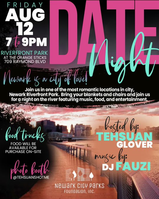 Newark Riverfront (@newarkriverfrnt) on Twitter photo 💌#Newark Date Night kicks off tonight #NewarkRiverfront! Bring a blanket + picnic basket + meet us by the River, one of the most romantic spots in the <a href="/cityofnewarknj/">City of Newark</a> from 7-9p🌊
Hosted by <a href="/tehsuanglover/">Tehsuan Glover</a> who will be taking portrait photos @tehsuanshotme 📸 Music by <a href="/DJFAUZINYC/">DJFAUZINYC</a> 💌#Newark Date Night kicks off tonight #NewarkRiverfront! Bring a blanket + picnic basket + meet us by the River, one of the most romantic spots in the <a href="/cityofnewarknj/">City of Newark</a> from 7-9p🌊
Hosted by <a href="/tehsuanglover/">Tehsuan Glover</a> who will be taking portrait photos @tehsuanshotme 📸 Music by <a href="/DJFAUZINYC/">DJFAUZINYC</a>