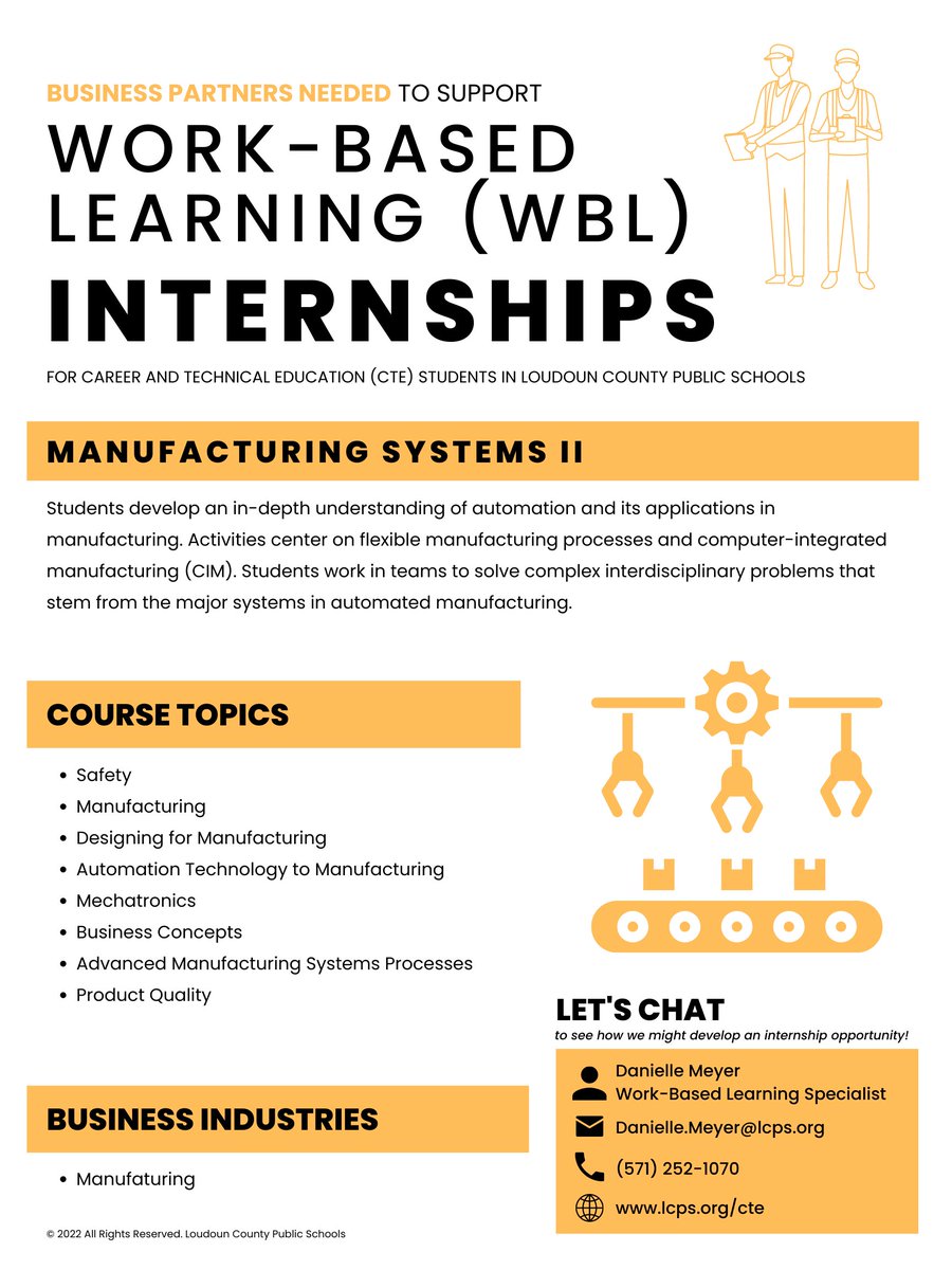 Danielle Meyer (@daniellenmeyer) on Twitter photo Currently seeking business partners to support the following student internship experience. Please share with those who might be interested. If you are interested in chatting, email me at Danielle.Meyer@lcps.org. Currently seeking business partners to support the following student internship experience. Please share with those who might be interested. If you are interested in chatting, email me at Danielle.Meyer@lcps.org.