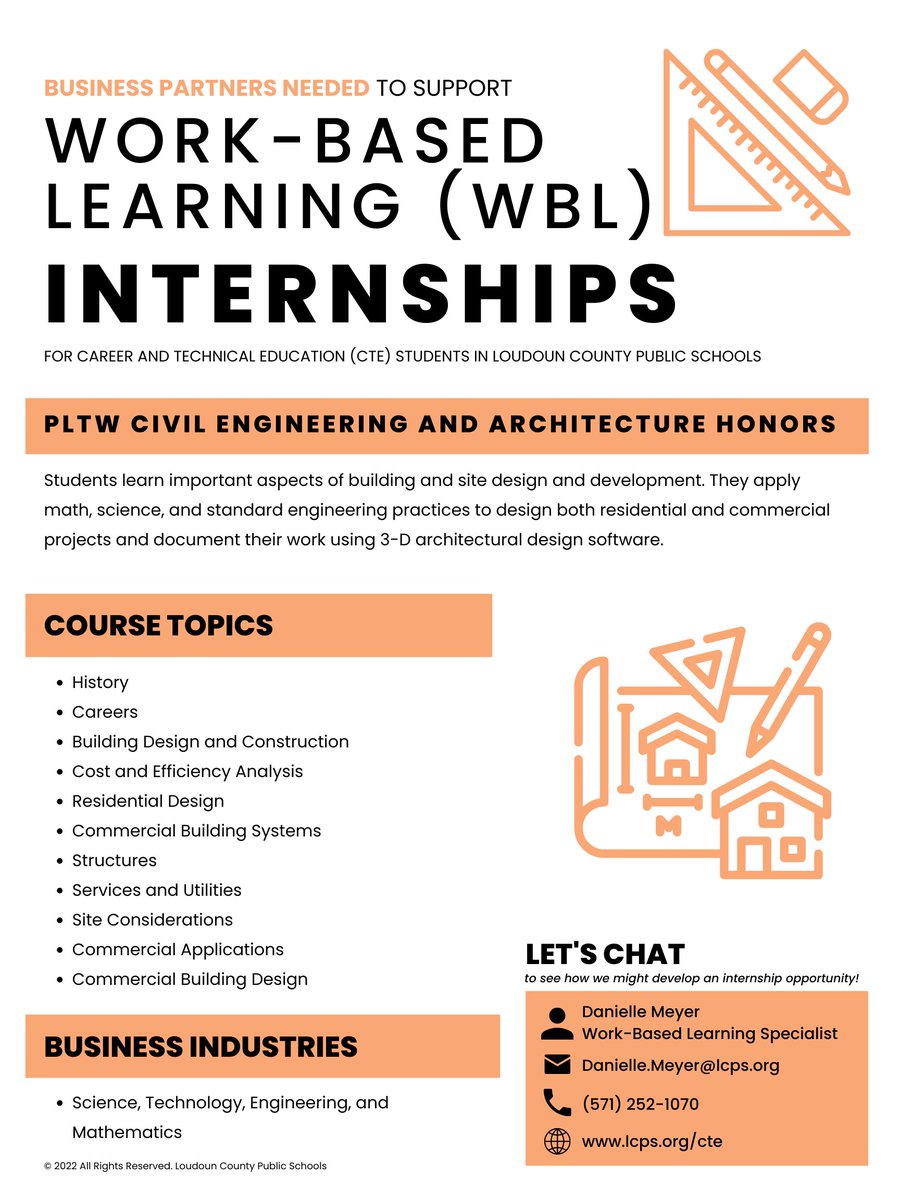 Danielle Meyer (@daniellenmeyer) on Twitter photo Currently seeking business partners to support the following student internship experience. Please share with those who might be interested. If you are interested in chatting, email me at Danielle.Meyer@lcps.org. Currently seeking business partners to support the following student internship experience. Please share with those who might be interested. If you are interested in chatting, email me at Danielle.Meyer@lcps.org.