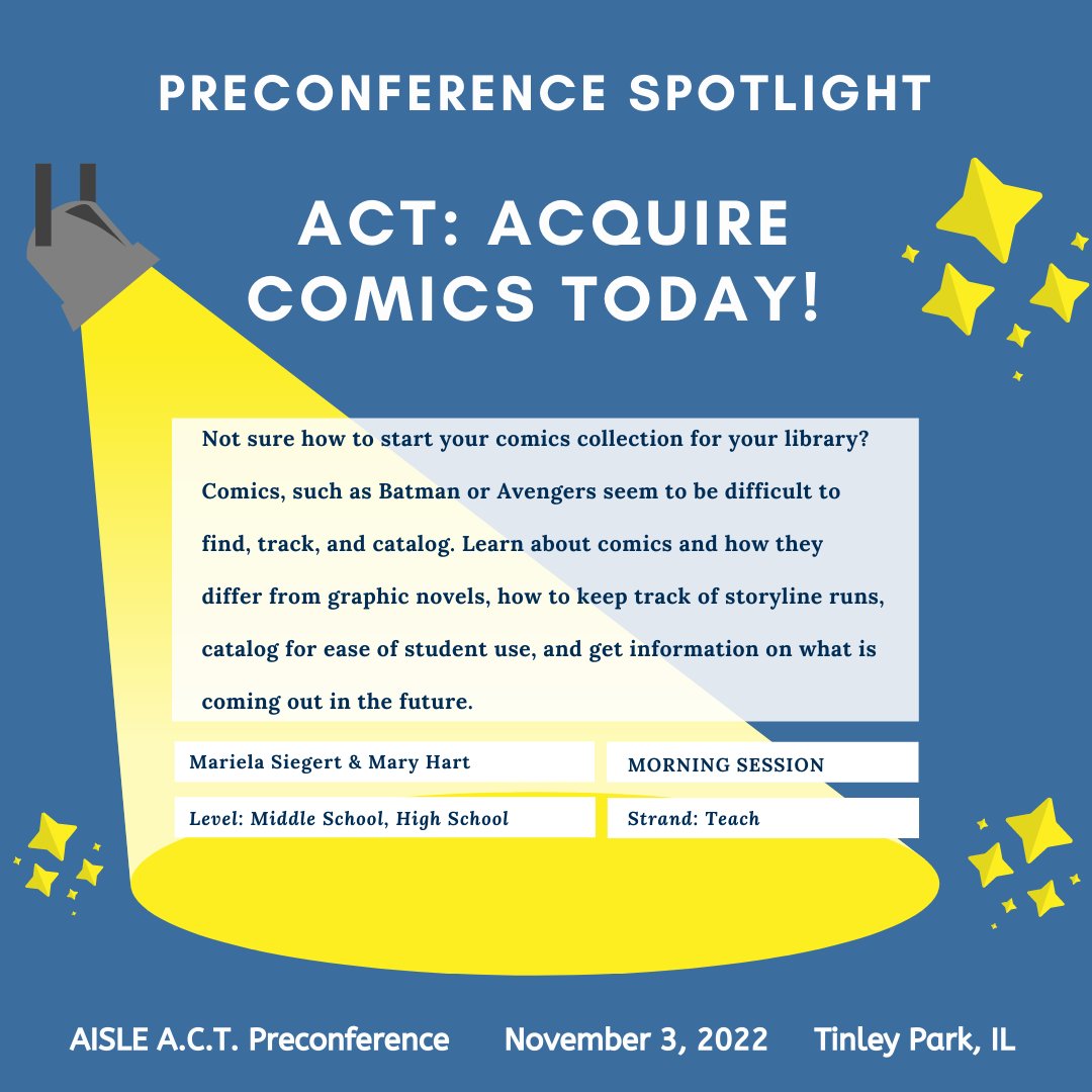 Mariela Siegert &amp; Mary Hart will present the AISLE A.C.T. morning preconference session, “A.C.T.: Acquire Comics Today.”
Half-day preconference sessions are $90 each or two for $150.
See all sessions and register @ bit.ly/aisleactregist…
#AISLEd #AISLEd22 # libcomix <a href="/marris116/">Mariela Martinez Siegert (she/her)</a>