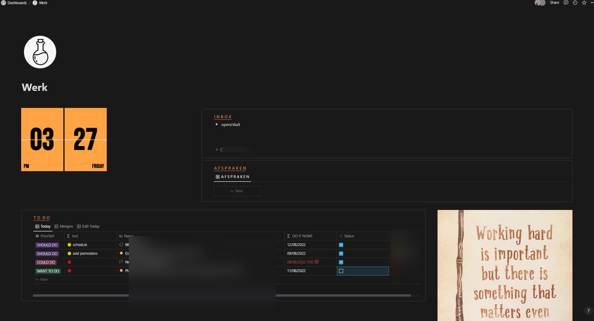 LizzyIsManaging's tweet image. It’s always nice to have a clean to do list. Even though I follow my rule of three…as “servant” of the people I’m lucky to cross of one and start with a second.
Today was a pretty good day, so my favorite page today @thenotionbar 😉 #notion #notiondashboard