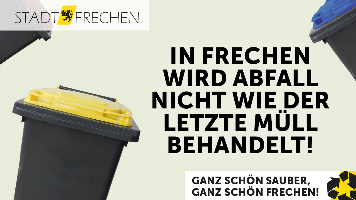 Zur Kampagne "Saubere Stadt" stellen wir zwei neue Motive vor, die Bürgerinnen und Bürger im Stadtgebiet auf die Themen Nachhaltigkeit, Mülltrennung und Müllvermeidung aufmerksam machen sollen. Weitere Infos gibt es unter stadt-frechen.de/klima-und-umwe…