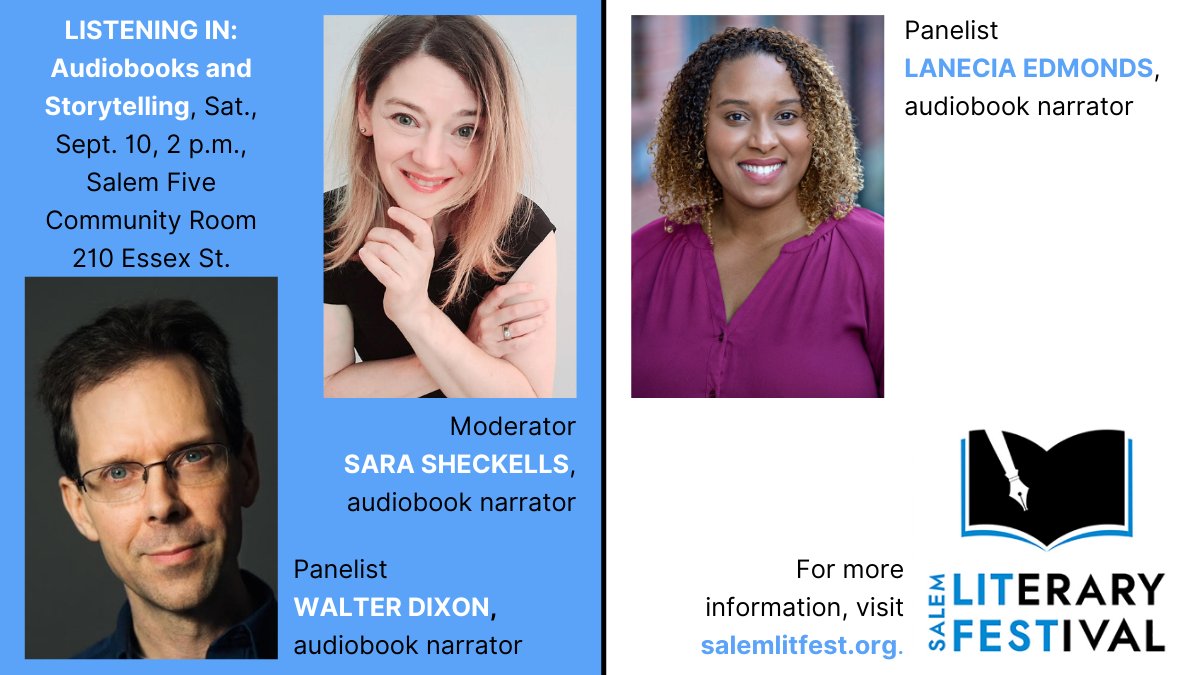 Feed curator <a href="/SusannaBaird/">Susanna Baird</a> (moving at too-quick-to-catch-it speed) offers a correction: LISTENING IN audiobook panel with @SaraSoundsVO &amp; <a href="/DixonVoice/">Walter Dixon</a> &amp; <a href="/LaNecia_Edmonds/">LaNecia Edmonds</a> is Sat. Sept. 10 at 2 in Salem. Amazing opp. to meet audiobook narrators/voice actors. salemlitfest.org.