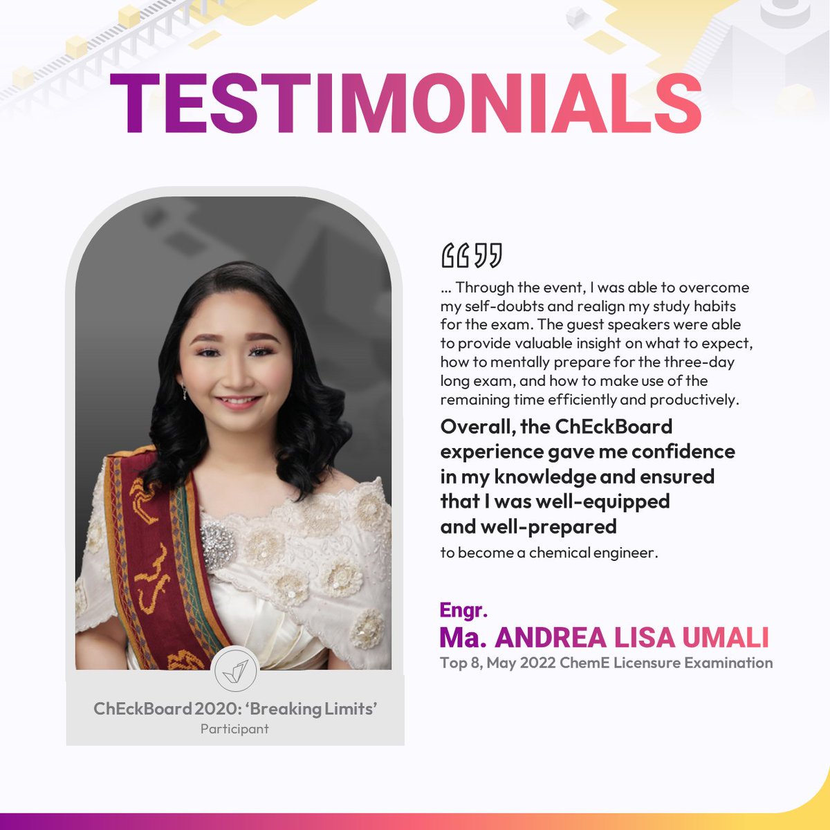 ChEckBoard2024's tweet photo. Still unsure about the board exams?
Don’t fret, ChEckBoard is here to guide you on the right track!
Let us hear the testimonials from three previous participants.
Sign up now for only Php 120 through: https://t.co/oOuvjKHAqj
#ChEckBoard2022
#ReinforcingFoundations https://t.co/D57dXNyZB4