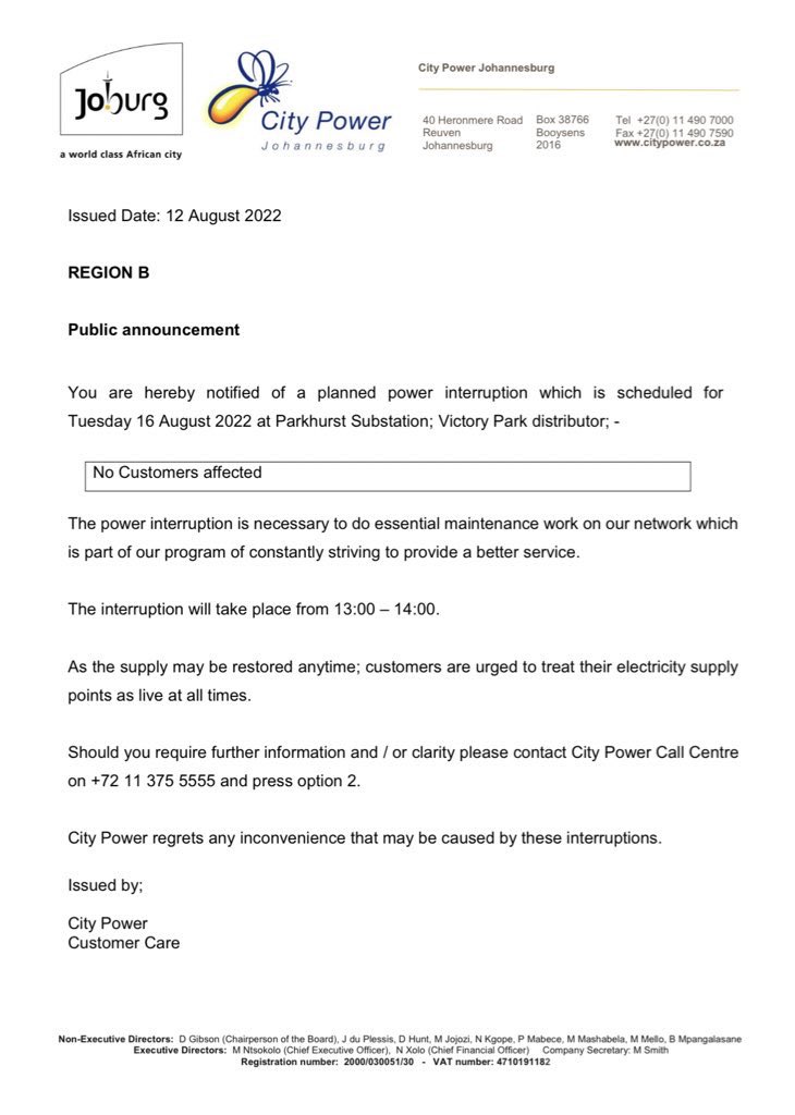 CityPowerJhb's tweet photo. #plannedOutage
Greetings,

Please take note of the following planned outages

1 Craighall (16 August 2022)
2 Victory park (16 August 2022)
3 Parkhurst (16 August 2022)

See attached for details.^NN https://t.co/NWqGSBQgD5