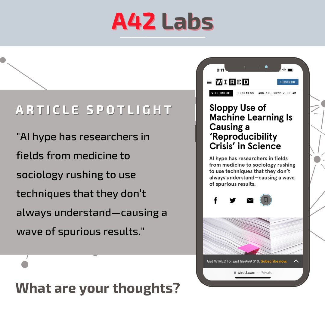 Article Spotlight!  “AI hype has researchers in fields from medicine to sociology rushing to use techniques that they don’t always understand—causing a wave of spurious results.” Let us know your thoughts!

#A42Labs #mlops #ai #datascience #bigdata 

ow.ly/3xxb50KiEVR
