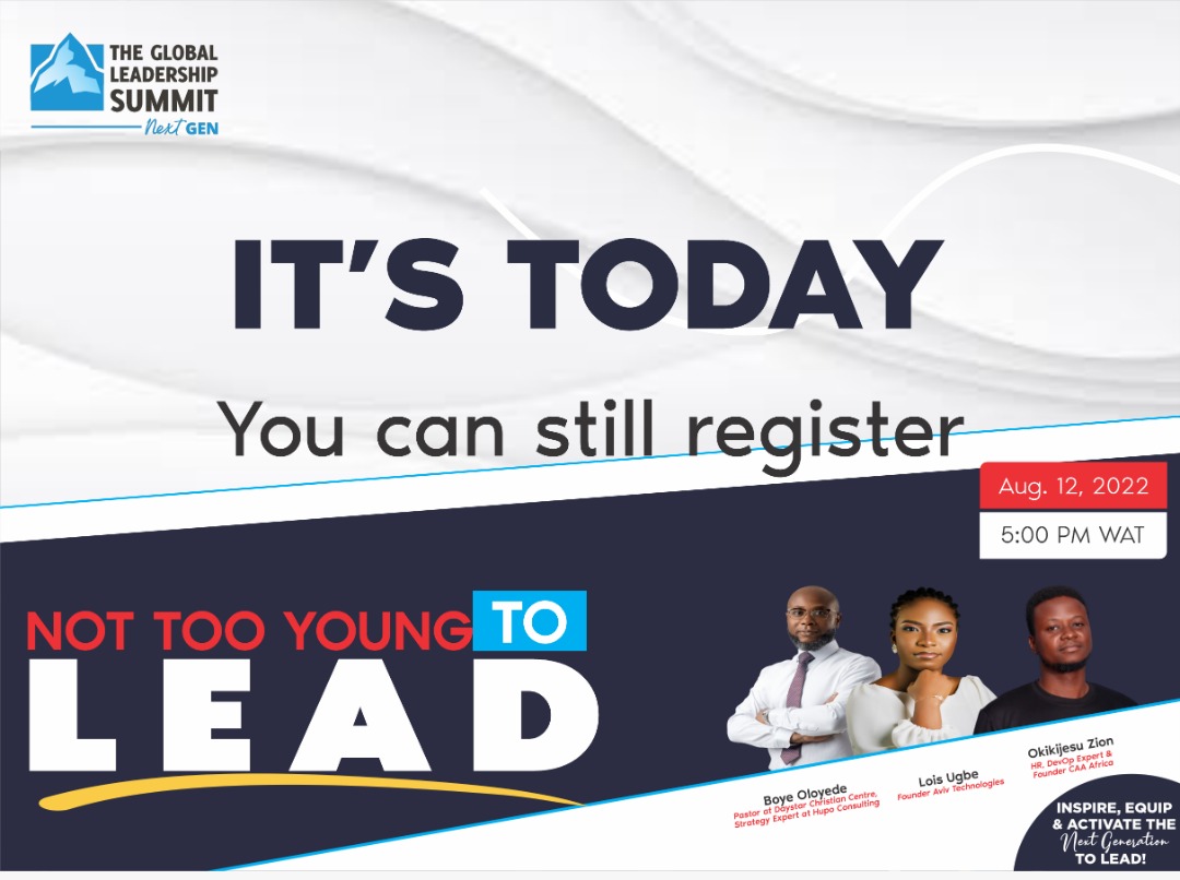 It is happening TODAY!!!

Have you registered for the GLSNextGen webinar?

Not-Too-Young- To-Lead

If you haven't registered for this Online Summit, click on the link below
bit.ly/GLSNext-NTYTL-… or scan the barcode on the image.

Register!!
Attend!!!

#Gls22
#vicmnig
