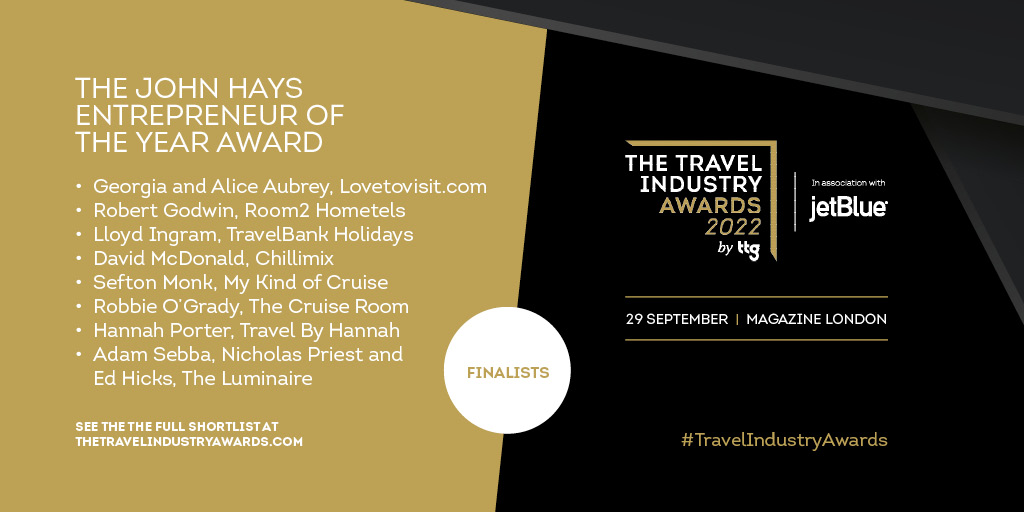 The final shortlist to be revealed as part of The #TravelIndustryAwards 2022 is a very special one – The John Hays Entrepreneur of the Year Award. Congratulations to the finalists and we look forward to seeing you on 29 September!