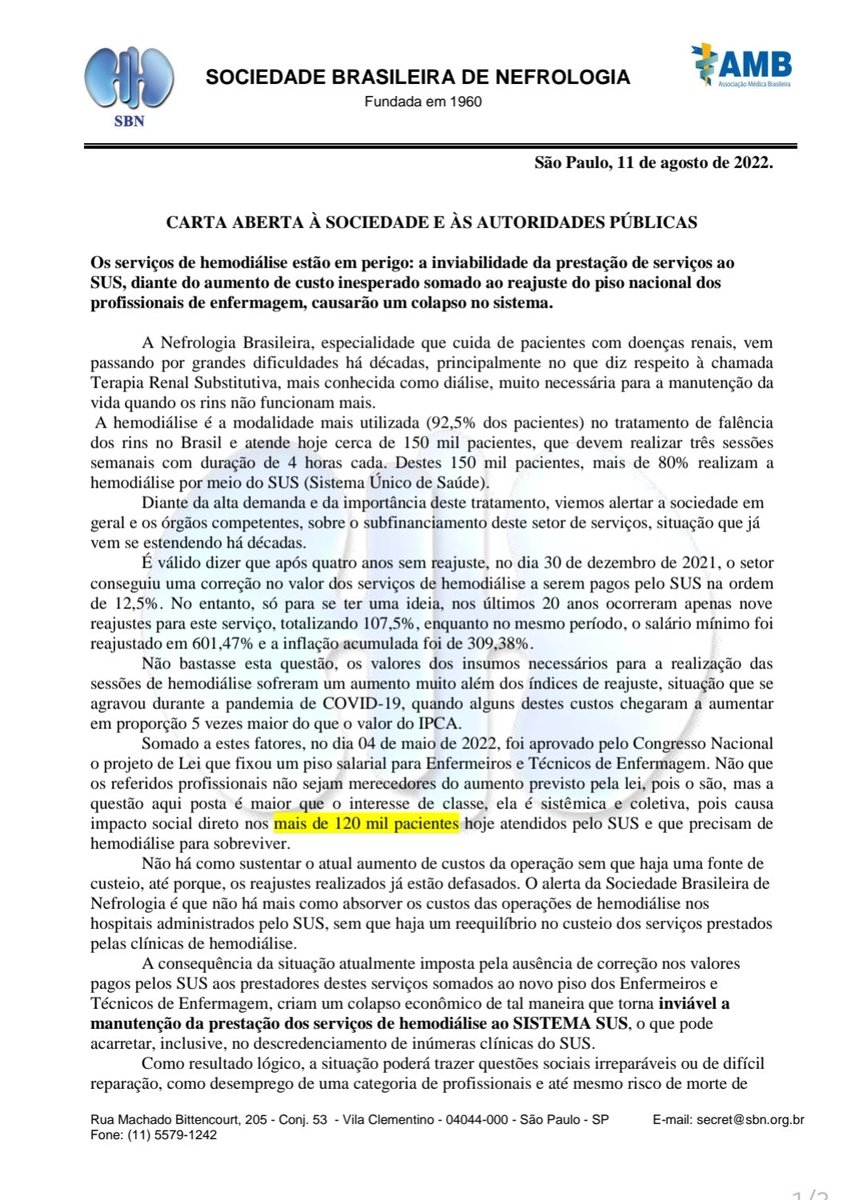 ale_giseli's tweet photo. HEMODIÁLISE: Carta da Sociedade Brasileira de Nefrologia. "Os serviços de hemodiálise estão em perigo, a inviabilidade da prestação de serviços ao SUS somado ao reajuste do piso dos profissionais de #enfermagem causarão um colapso no sistema". 👇#hemodialise #SUS #publicpolicy https://t.co/8I6uOesLjM
