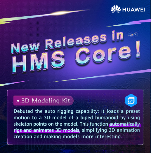 Huawei_devs's tweet photo. Check out these newly released services in #HMSCore:
✅ Auto-smile from Video Editor Kit
✅ Interactive biometric verification from ML Kit
✅ Auto rigging from 3D Modeling Kit
Learn more at→ https://t.co/22EHxkCeBS
#HuaweiDevelopers https://t.co/A3rcDpVldC