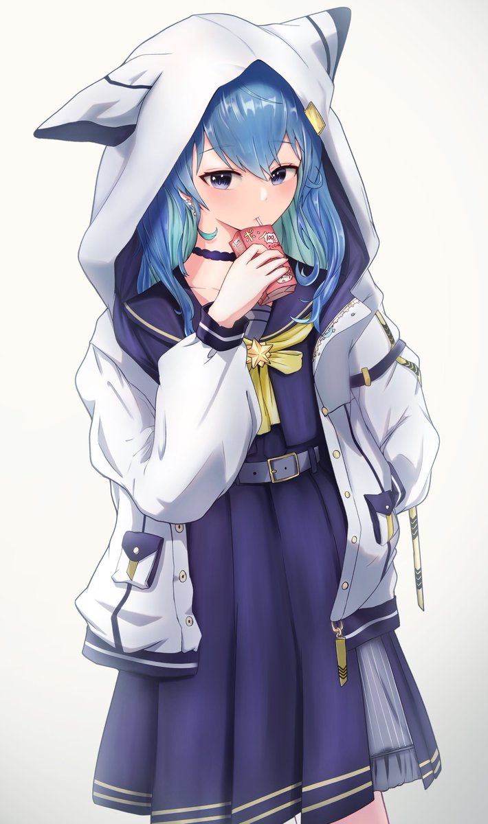 hoshimachi suisei 1girl solo juice box blue hair hood skirt hood up  illustration images