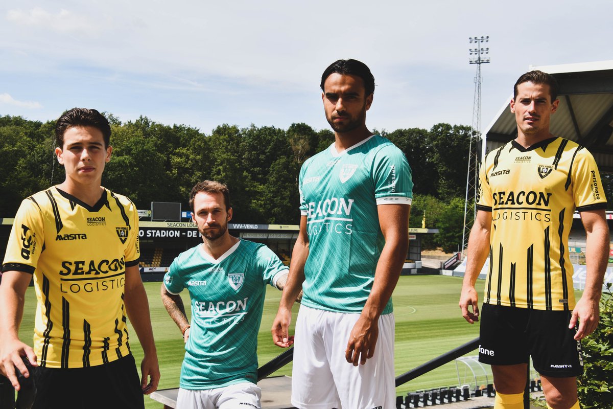The_Kitsman's tweet photo. ◉  New Shirt.

VVV Venlo and Dutch brand Masita proudly showed off their new uniforms the other day. I appreciate the way they have adapted the stripes on the home to accommodate the sponsor. Also credit for the mono-colour logos.

cc: @VVVVenlo https://t.co/vxD1OyP52U