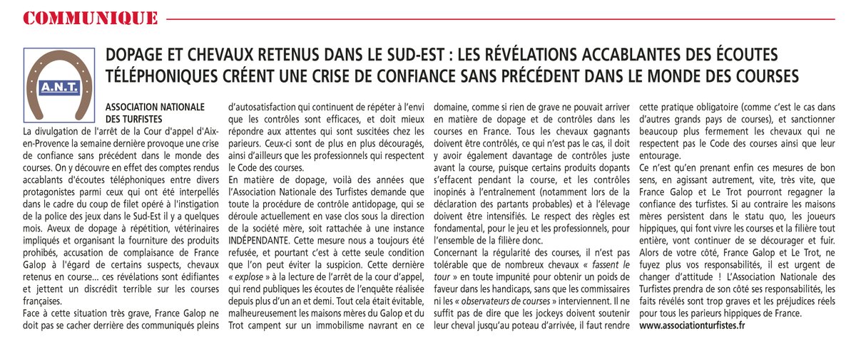 Communiqué de l'Association Nationale des Turfistes