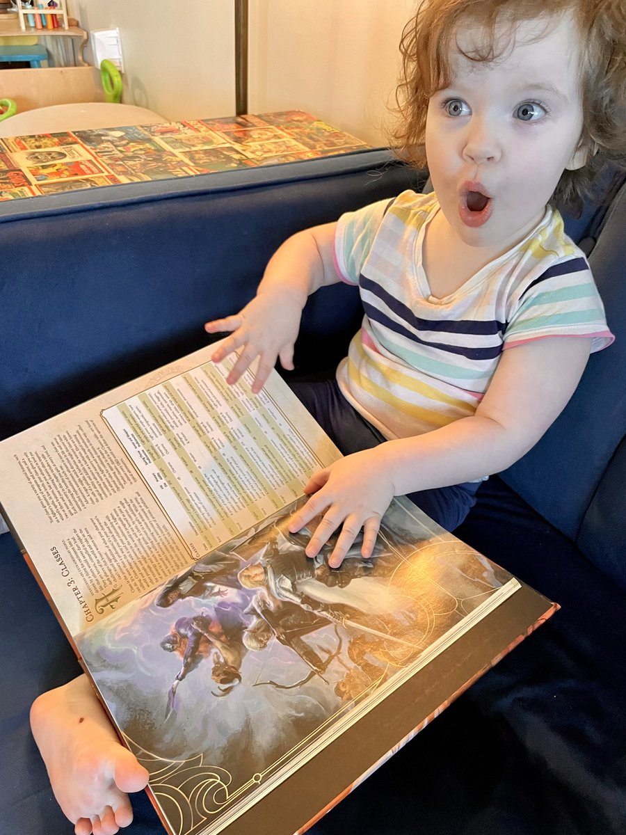 patrickgavinod's tweet photo. One of my two beautiful twin girls, Ella, getting excited by some DnD! #FutureNerd @Wizards_DnD … she would play as a barbarian, too! #dungeonsanddragons https://t.co/bbuanIN0WD