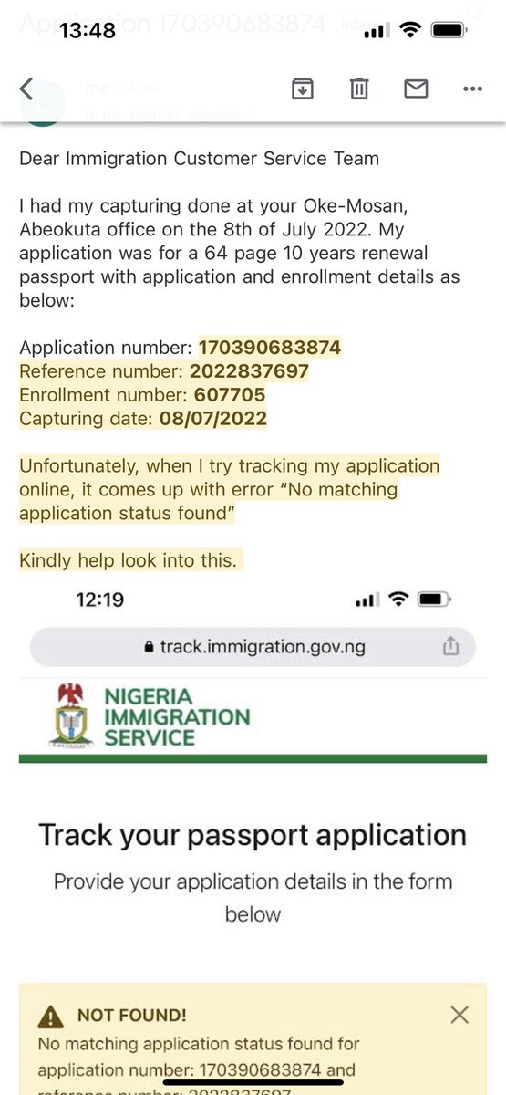 Omohkay's tweet photo. @nigimmigration @raufaregbesola @abikedabiri I enrolled since the 8th of July 2022 for a 64page 10 year validity renewal passport of my passport in Abeokuta. It’s way beyond the 3 weeks timeline and no word. My enrollment ID is: 607705. Other details below: https://t.co/uhcaxeuwcs