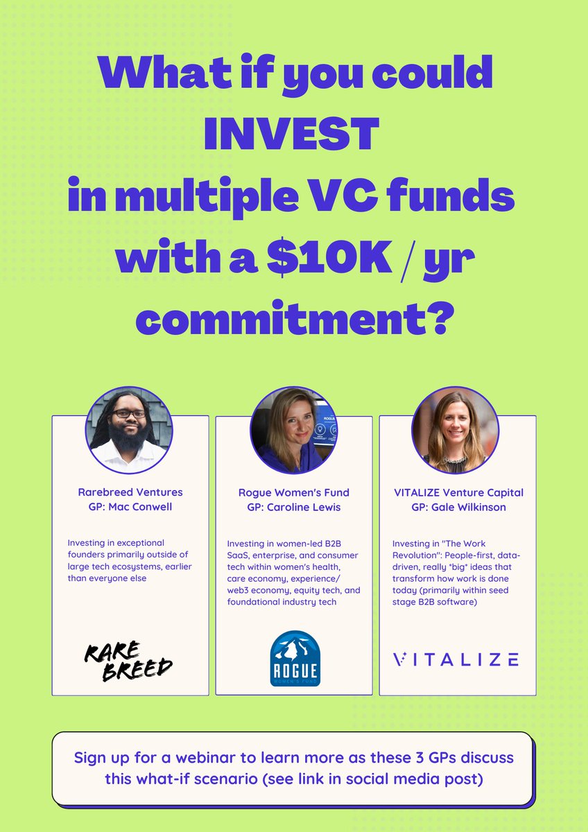 6/ We are also partnering with <a href="/galeforceVC/">Gale Wilkinson @VITALIZE</a> (<a href="/VitalizeVC/">VITALIZE Venture Capital</a>), Caroline Lewis (<a href="/RogueWomenVC/">RogueWomenVC</a>), two fellow <a href="/KauffmanFellows/">Kauffman Fellows</a> fund managers to create an opportunity to potentially invest in our 3 funds together as small as 10K. sign up for our webinar here. -&gt;airtable.com/shrRVWVff3oImm…