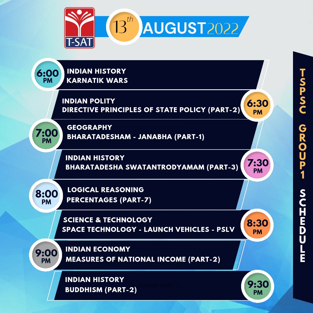 TSATnetwork's tweet photo. ๐ด TSPSC Group-1 Classes Telecast Timings - 13th August 2022
#TelanganaTSAT
#Group1Classes https://t.co/v5FNxNceCh