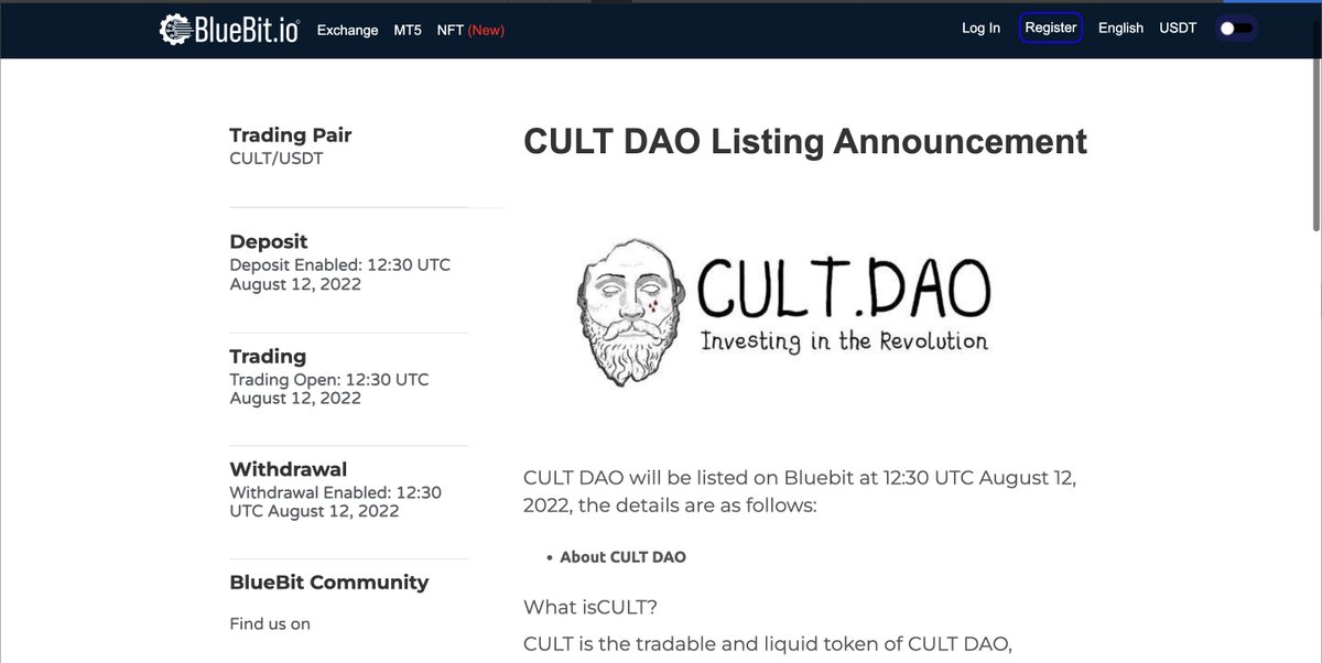 <a href="/wearecultdao/">Cult.DAO</a> Cult Dao is now available on BlueBit.io centalised exchange. 

Crypto, Forex, Precious metals, and Stock trading, even with iOS trading app. 

@cultdaonews @revolutionvn <a href="/CultDAO_/">CultDAO</a> 
<a href="/BlueSparrowETH/">BlueSparrow Official</a>