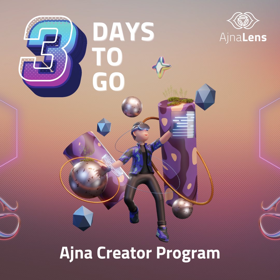 ajnalens's tweet photo. And the wait is almost over!
Only 3 days remain in launching our first batch of #AjnaCreatorProgram.
Learn how to build your own METAVERSE and its elements like 3D NFT, 3D Environments, 3D Avatars, Digital-twin and much more. https://t.co/XOlmTu145o