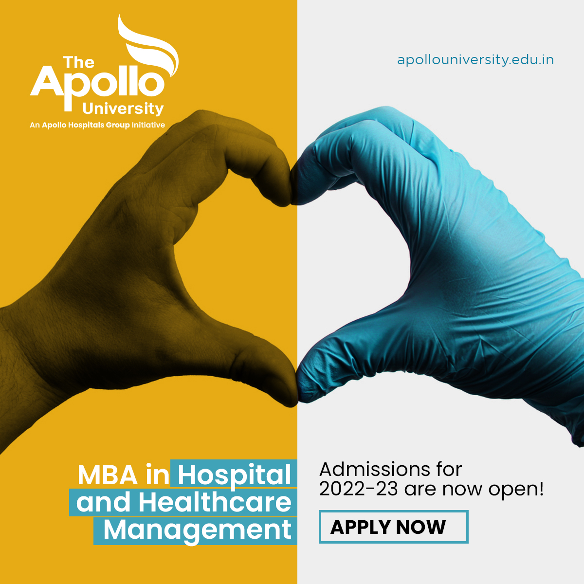 Unlock your true potential with MBA in Hospital and Healthcare Management 

Admissions for 2022-23 are open

Eligibility: Undergraduate degree in any stream.

Apply now!

#apollouniversity #apollo #apollohospitals #healthcare #management #mba #admissions2022