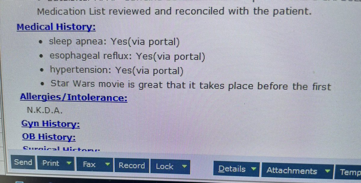 Found in a patient chart (identifying information removed). Advise caution when speaking to the kids about Star Wars when the dictation mic is still on. #MedTwitter #StarWars