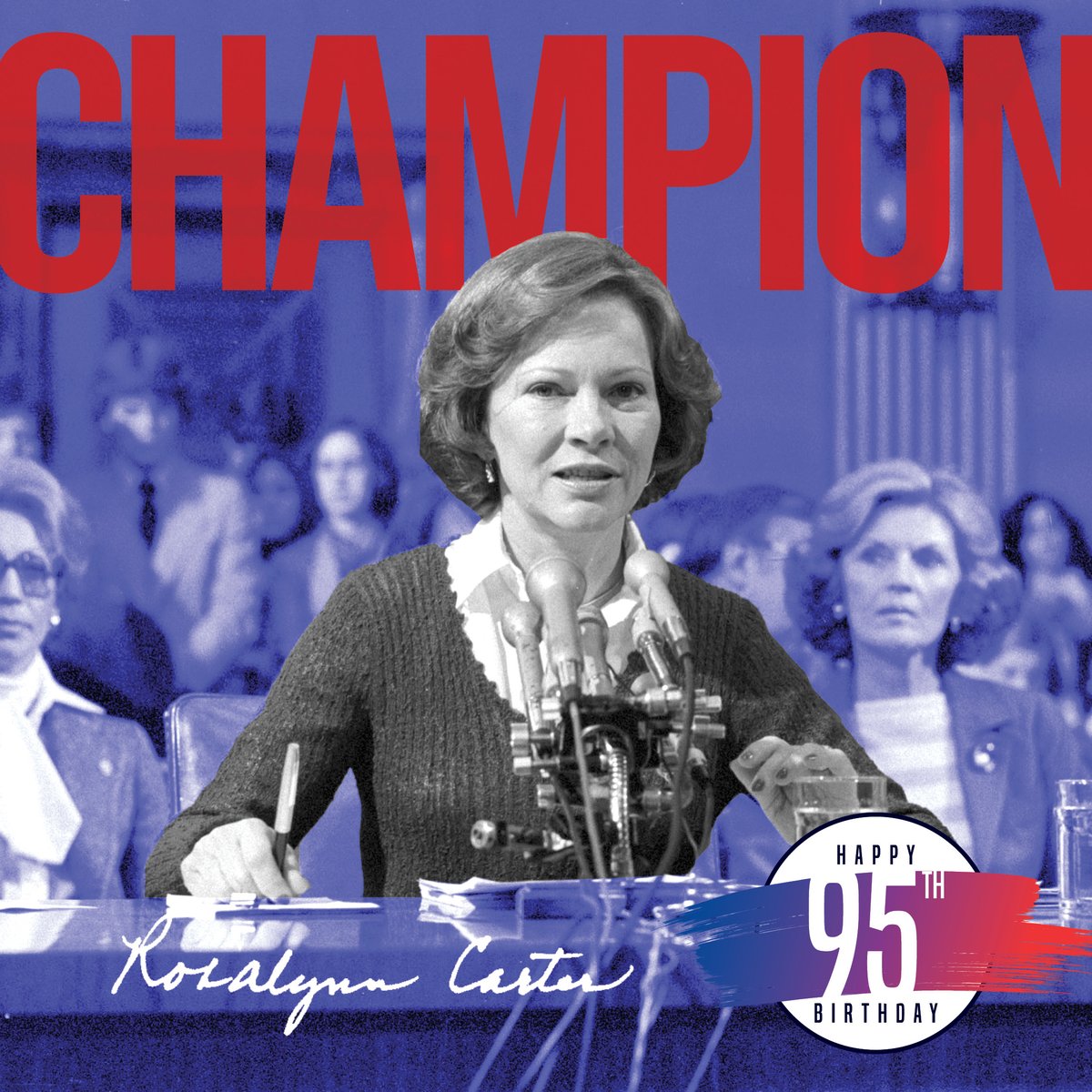 DYK that Rosalynn Carter has been a #mentalhealth trailblazer for 50+ years? Leading up to her #95thBirthday, we commend her continued impact at #TheCarterCenter, where she created the Center's Mental Health Program and founded @CarterFellows. #MrsCarterMakingHistory.