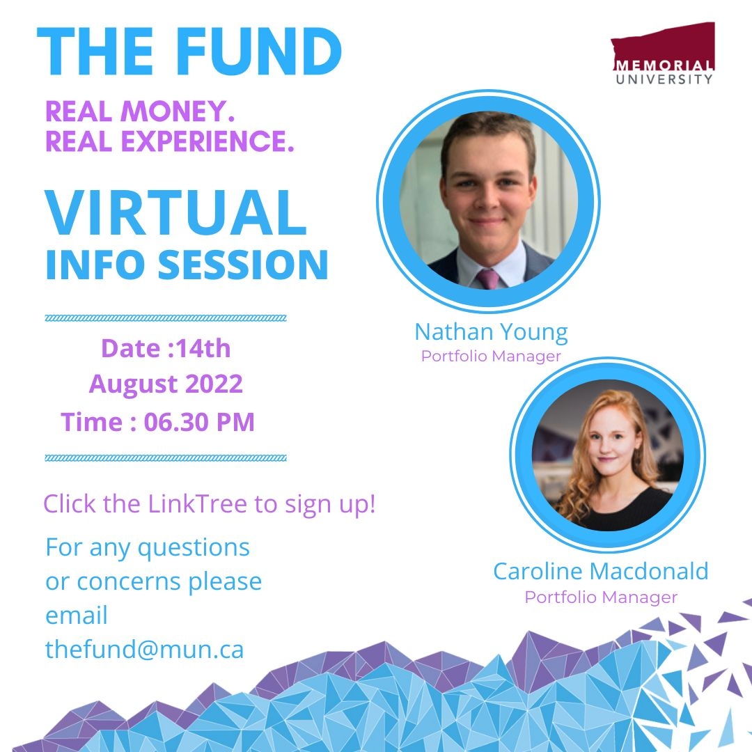 Join us for another virtual info session on Sunday, August 14 at 6:30 pm.

Don't miss this great opportunity!

Click the link to sign up

Click Here: forms.gle/YTX6f4Xc4bYyaP…

For any questions or concerns, send us a DM 📩 or email us at thefund@mun.ca

<a href="/MUNBusiness/">MUN Business</a> <a href="/MemorialU/">Memorial University</a>
