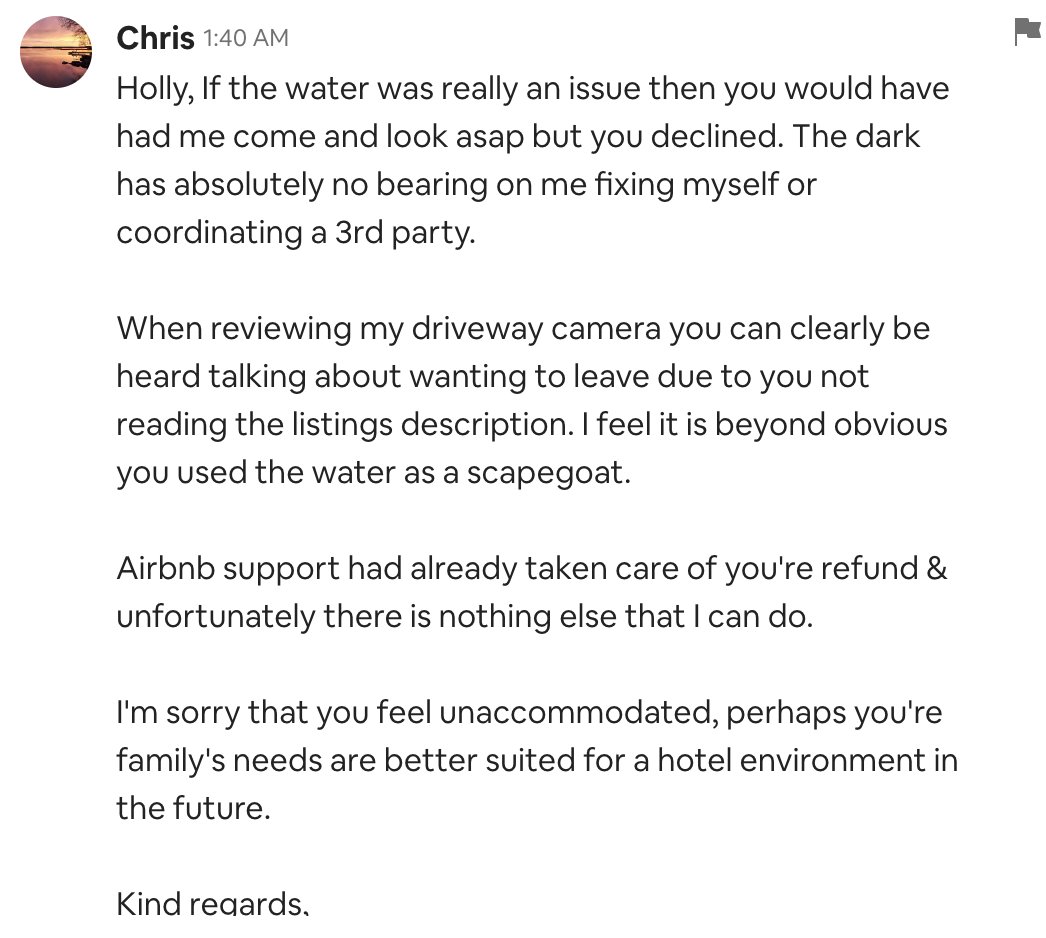 hbparker's tweet photo. We were also being monitored without our knowledge @Airbnb @AirbnbHelp I did not get a full refund at all. This person was an hour out when he finally answered 2hrs later at 2am. #airbnbhorror https://t.co/SeAW3rBSKO