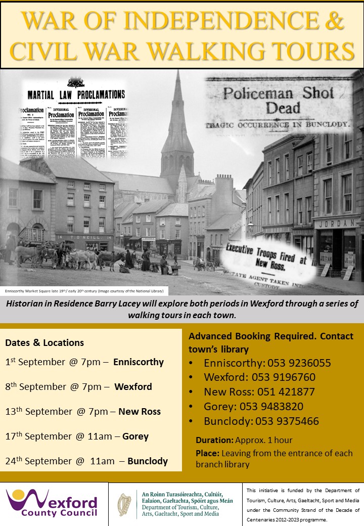 Delighted to announce that starting this September I will be re-hosting walking tours of towns in County Wexford visiting the sites of incidents from the WOI &amp; Civil War. <a href="/wexlibraries/">Wexford Libraries</a> <a href="/wexfordcoco/">Wexford County Council</a> @Centenaries Details on poster below #wexford