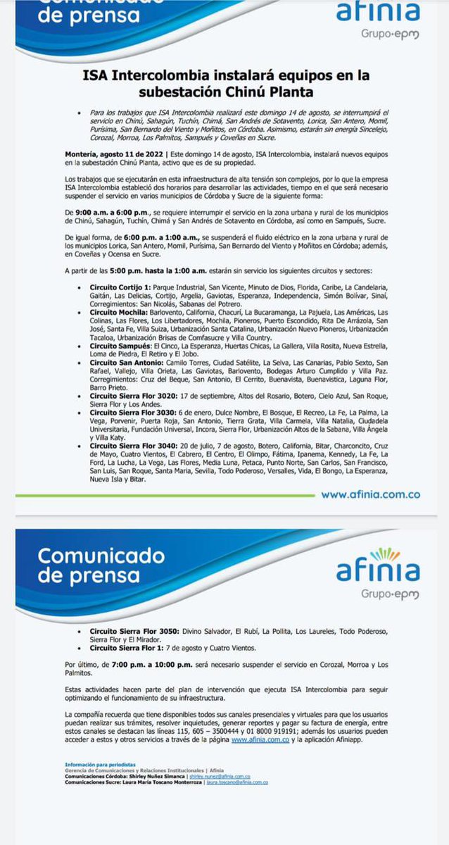 📳 Debido a mantenimientos, Afinia informó que el domingo 14 de agosto, suspenderá el fluido eléctrico en Sincelejo, Corozal, Morroa, Los Palmitos, Sampués, Coveñas, Chinú, Sahagún, Tuchín, Chimá, San Andrés Sotavento, Lorica, San Antero, Momil, Purísima, San Bernardo y Moñitos.