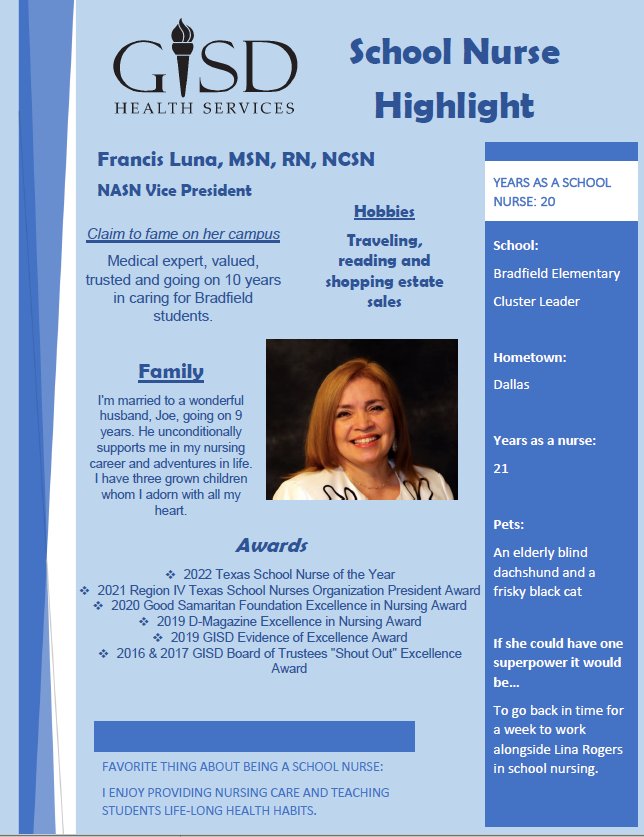GISDhealth's tweet photo. GISD recognizes our awesome nurses.  Introducing one of or Super Nurses, Francis Luna, MSN, RN, NCSN, @flunatweet! @gisdnews #TheGISDEffect #BEtheLight @drlopez23 #GISDNURSES @Davis_Dragons https://t.co/zXdyvgmK3U