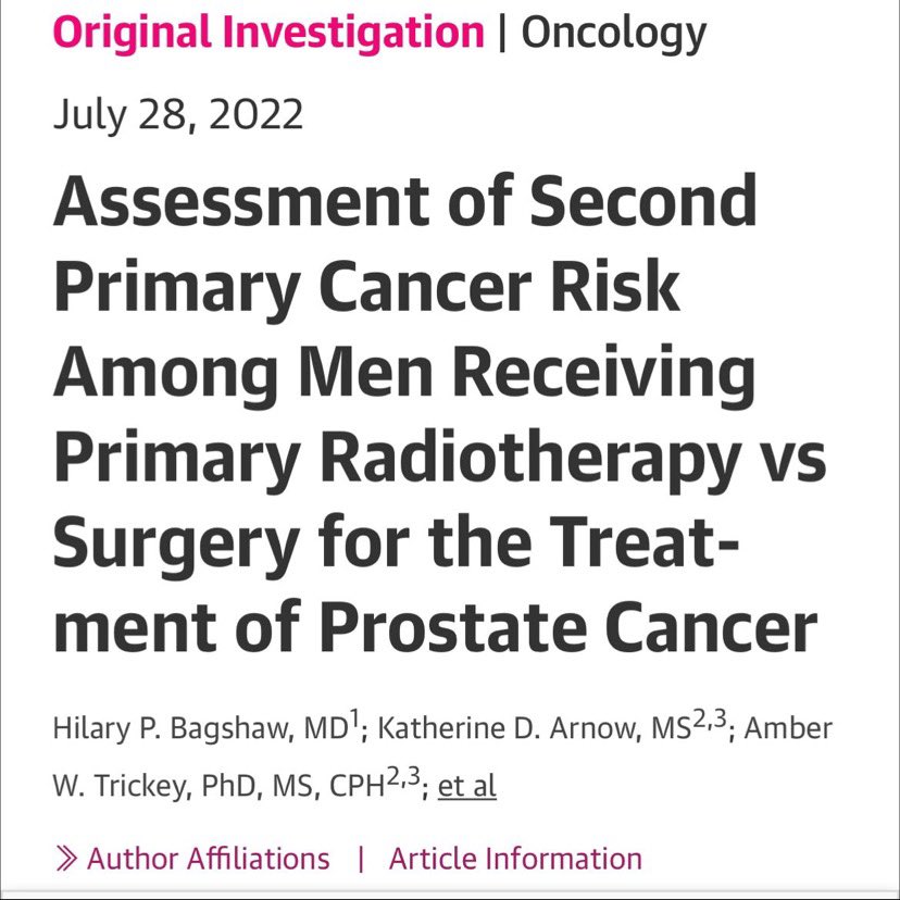 A study that included 143,886 male patients with #prostatecancer, the rate of developing a second cancer was 3.7% in the #radiotherapy cohort vs 2.5%.This difference is "quite low". physicians should encourage patients to radiotherapy as a curative treatment for prostate cancer"