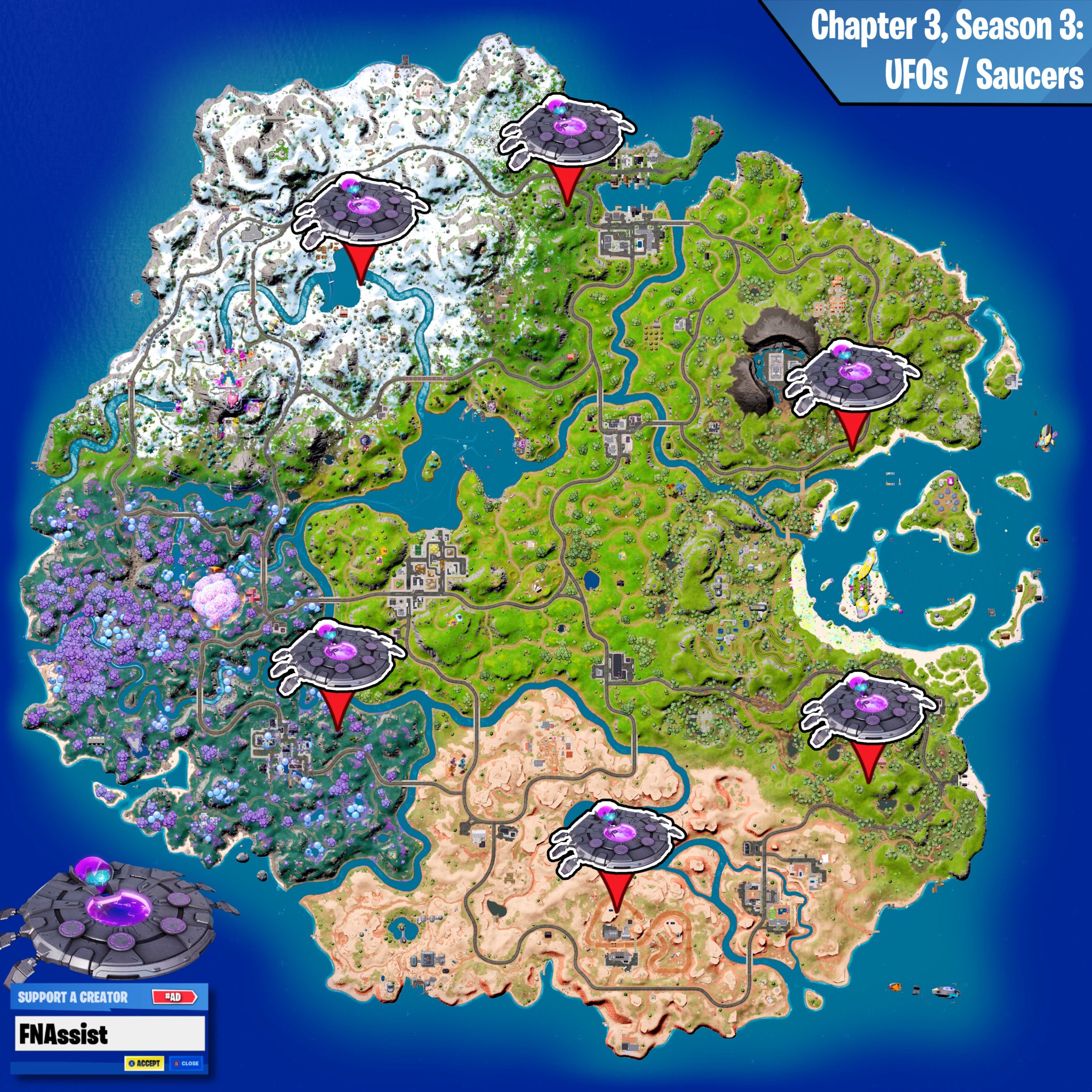 FNAssist on Twitter "[Fortnite Ch.3 Season 3 Wild Weekend 1 Saucer (UFOs) Spawns Locations