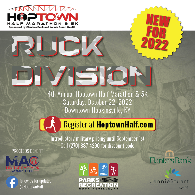 🆕 NEW FOR 2022
🥾 🇺🇸 Introducing our new Ruck Division for the #HoptownHalf and 5K! Call Hopkinsville Parks &amp; Recreation at 270-887-4290 for introductory military pricing!
🏃🏃‍♀️ HoptownHalf.com
#RuckDivision #halfmarathon #hopkinsville5k #packtheweights #rucking #ruckrun