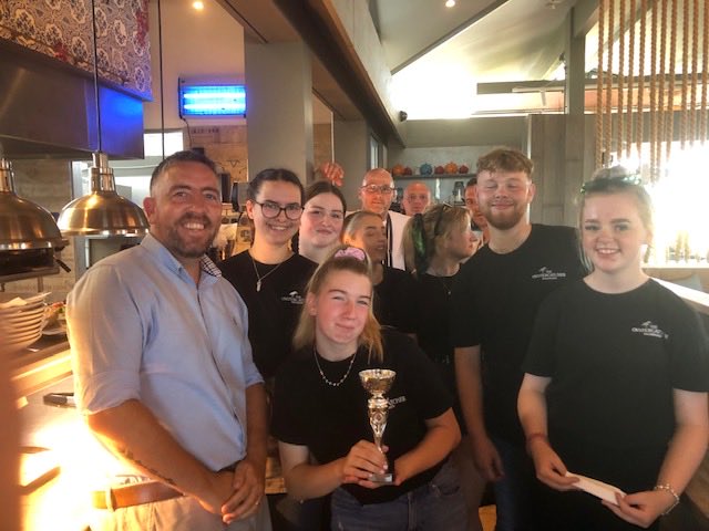 Our amazing team at The Oyster Catcher in Rhosneigr were presented with a trophy today for yet again beating their record weeks sales figures. The sun helps, but most importantly of all, the amazing service our colleagues give is the real icing on the cake!