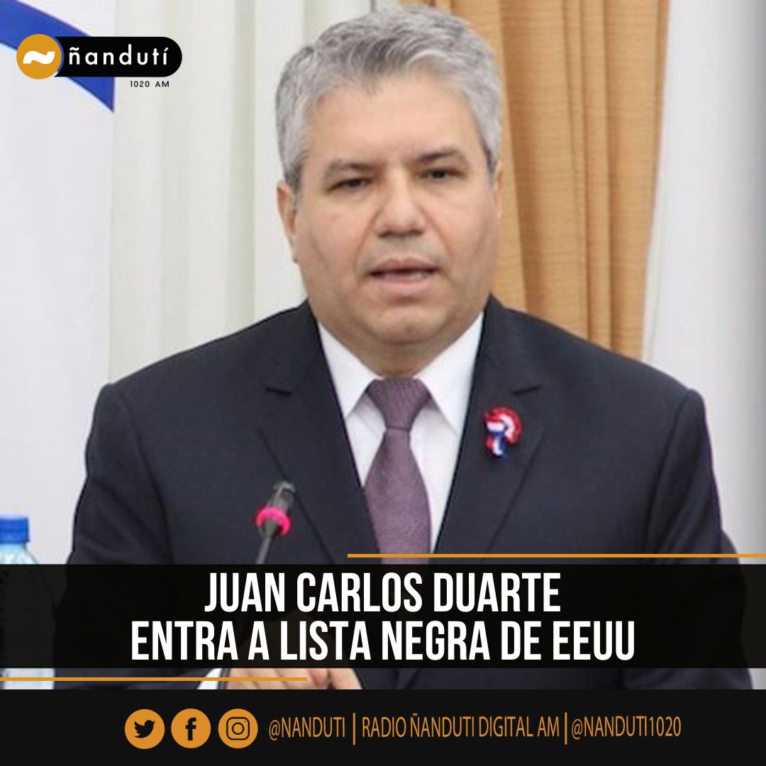 #URGENTE Juan Carlos “Charly” Duarte Mar­tínez también es designado "significativamente corrupto" por EEUU

El mismo es exfiscal y actualmente se desempeña como asesor jurídico de la EBY

Así lo anunció el embajador de EEUU, <a href="/USAmbPY/">Embajador de los Estados Unidos en Paraguay</a> #1020AM