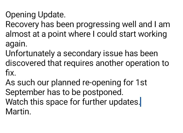 YourBikeHire's tweet photo. Update.
Recovery has gone well &amp; I'm almost at a point where I could start working again.
However another issue has been discovered that requires another operation to fix.
So our planned re-opening for 1st September has been postponed.
Watch this space for further updates.
Martin https://t.co/uFyEIz5xWE